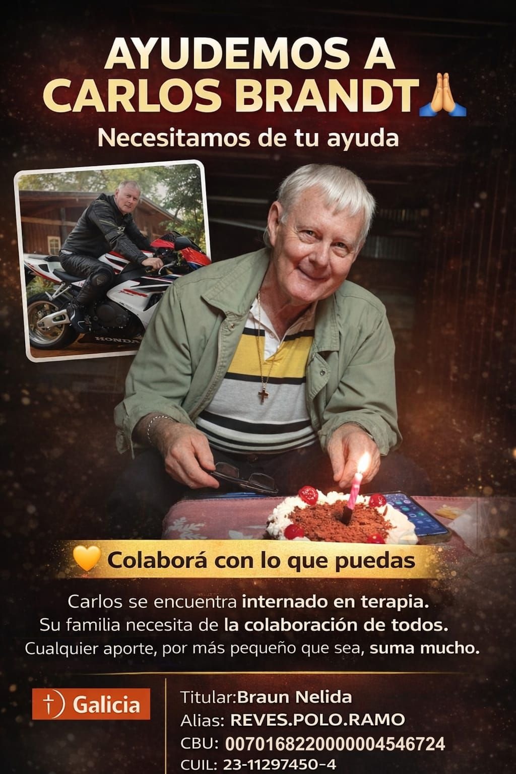 Piden colaboración para Carlos Brandt, ex piloto misionero internado en terapia 2